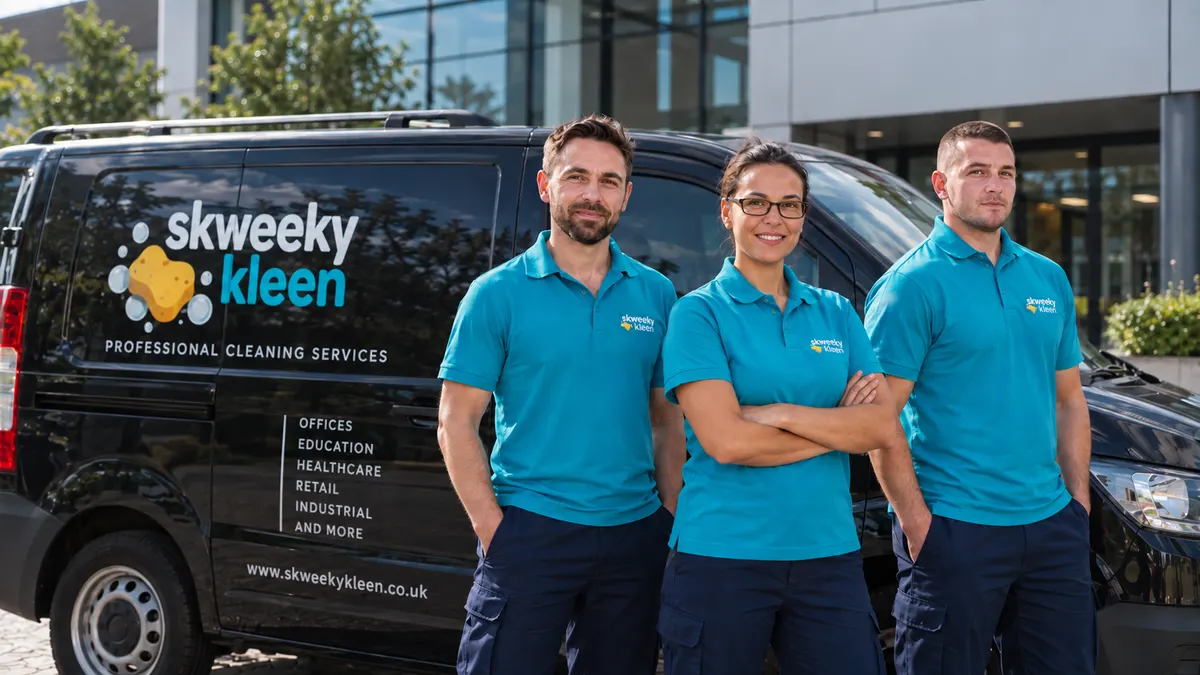 Skweeky Kleen local cleaning team by a branded van